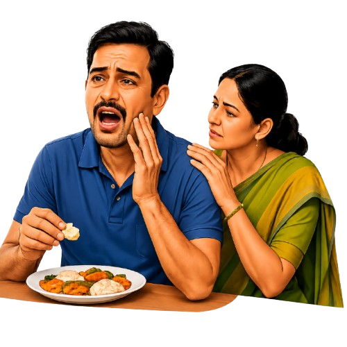 Man and woman experiencing discomfort while eating, showing signs of OSMF